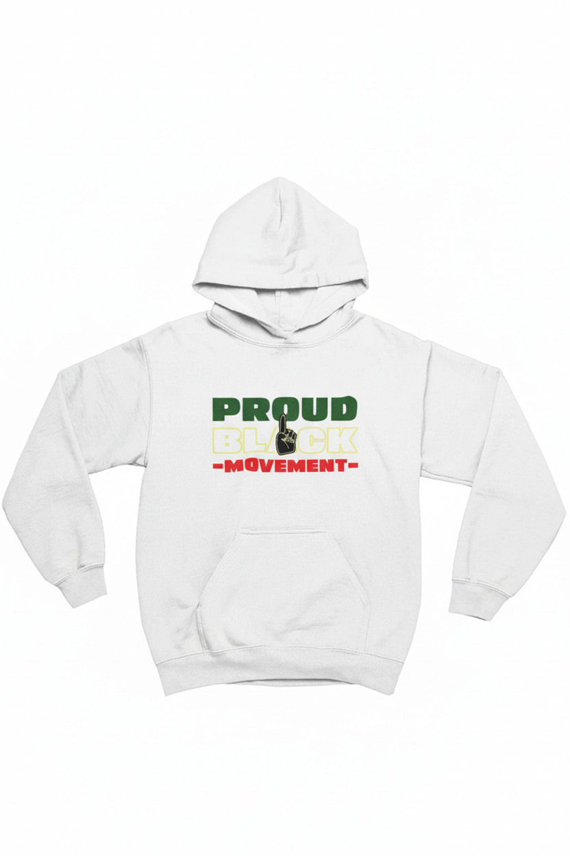 White hoodie with 'Proud of the Movement' text design on a white background